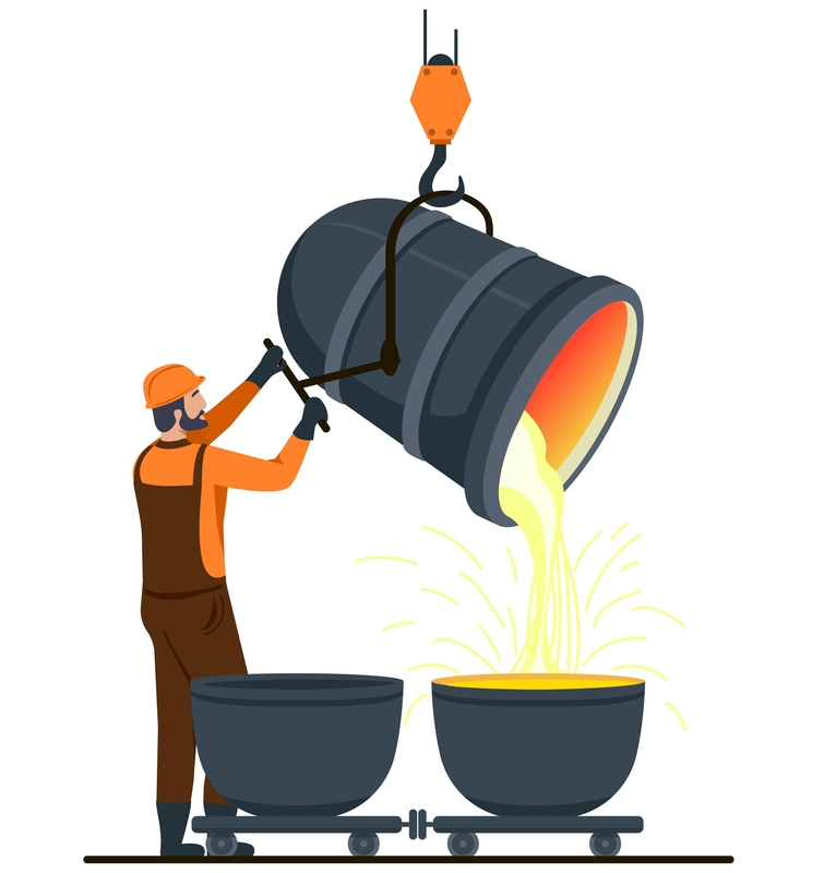Illustrasjon av en fabrikkarbeider som heller flytende metall fra en stor beholder over i mindre kar på hjul.